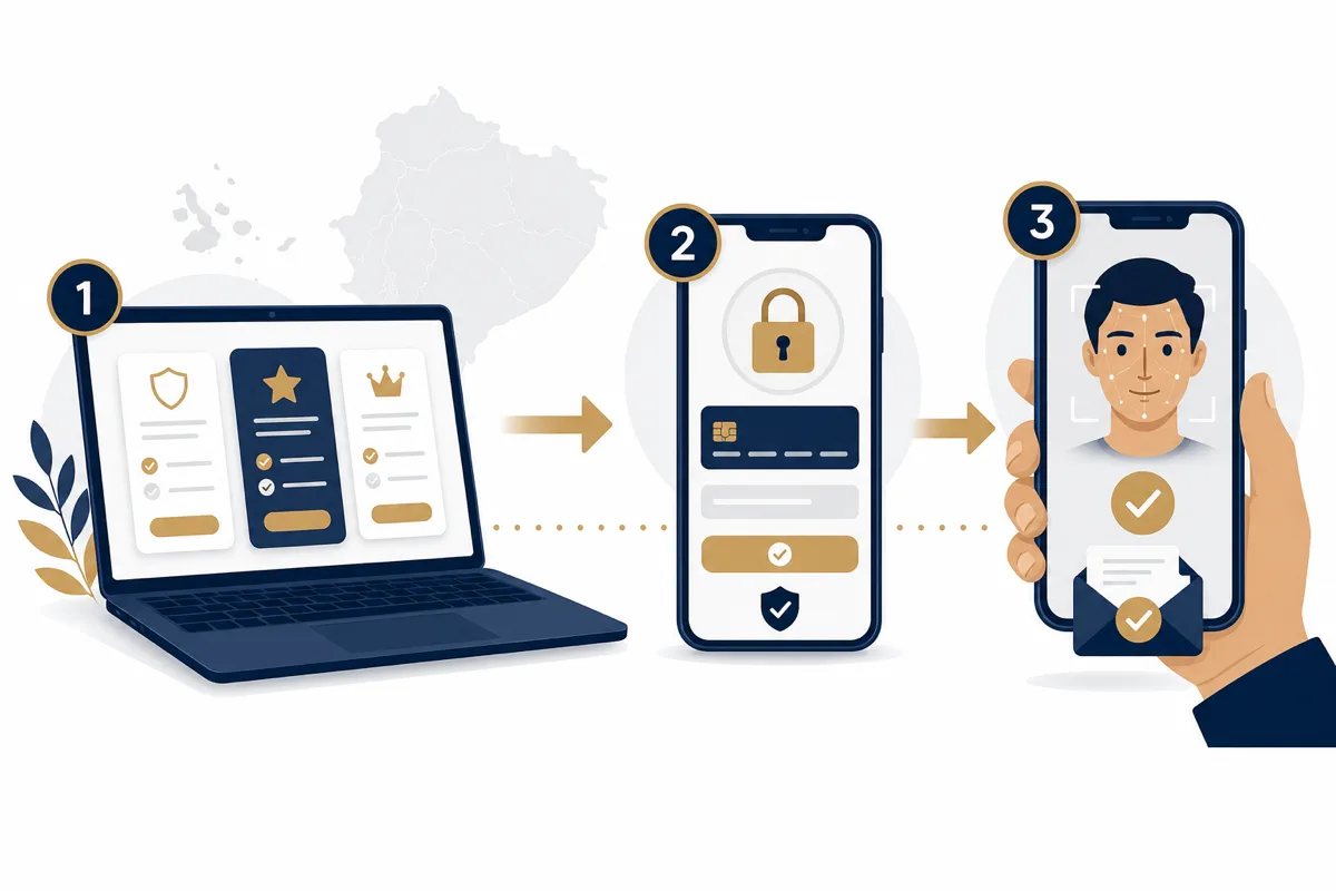 Ilustración del proceso: elegir firma electrónica, pagar en línea y completar biometría